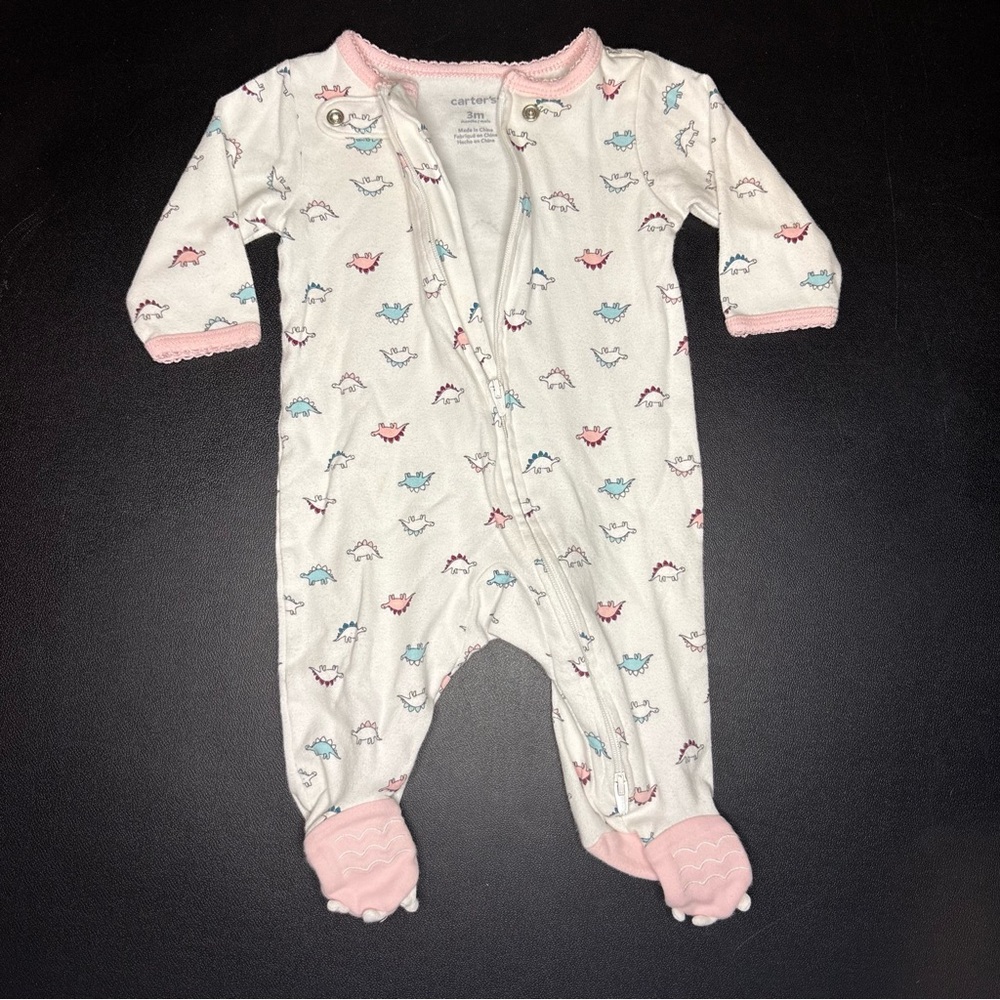 Carter's White and Pink Dinosaur Footed One Piece